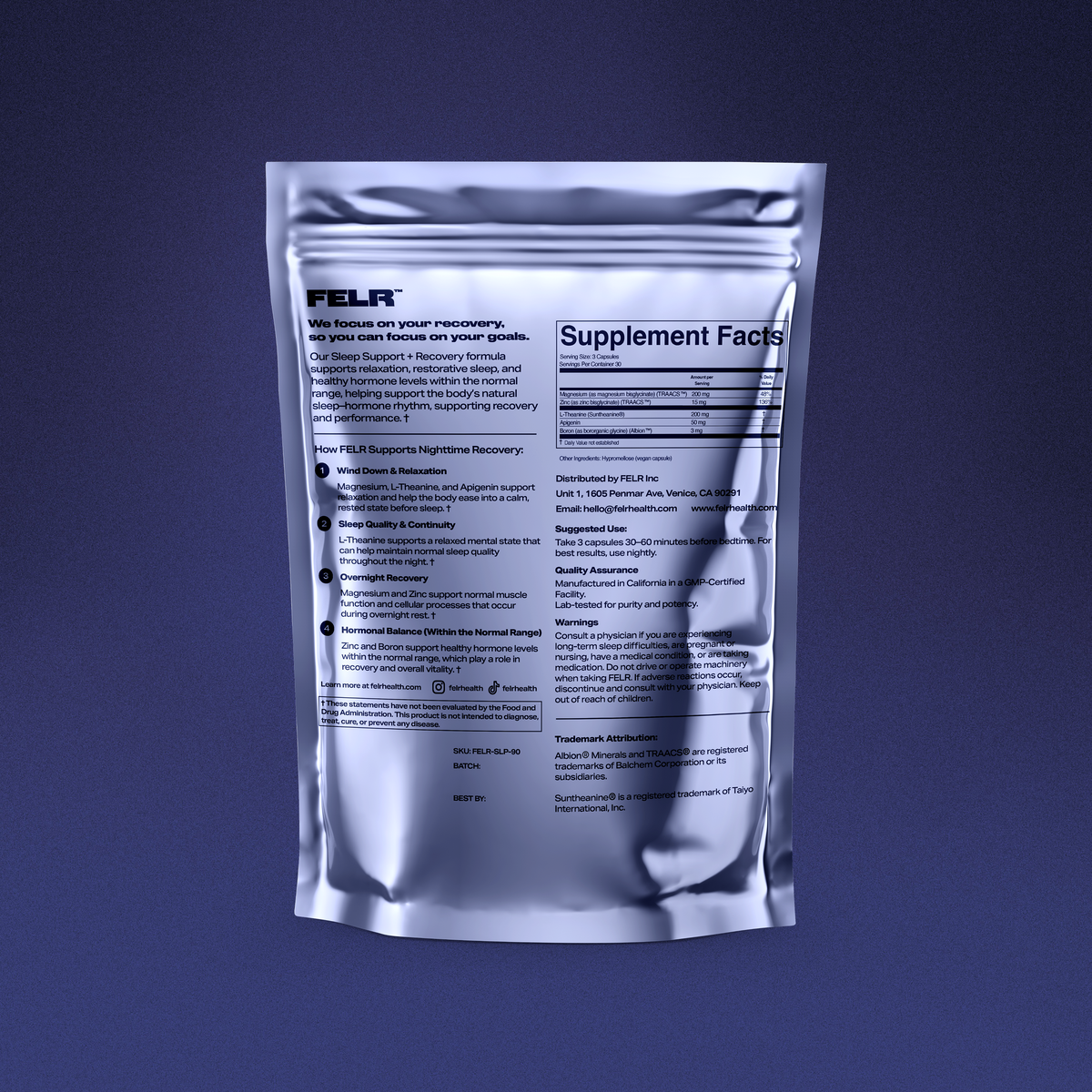 Back of FELR pouch showing Supplement Facts and nightly directions