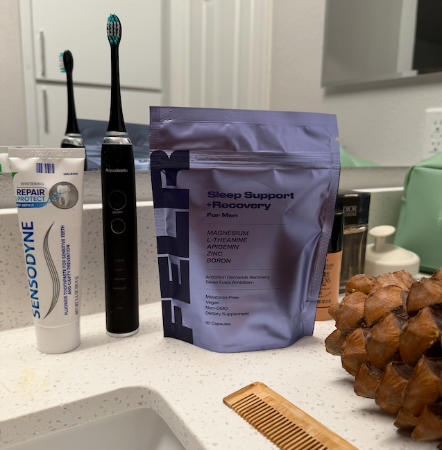 FELR pouch on a customer's bathroom counter - real customer photo